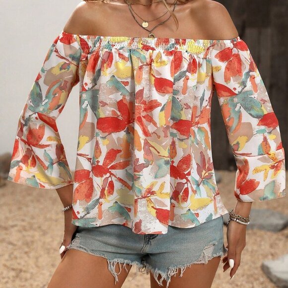 Multicolor Boho Women's Floral Print Elegant Off Shoulder Blouse - Picture 6 of 6